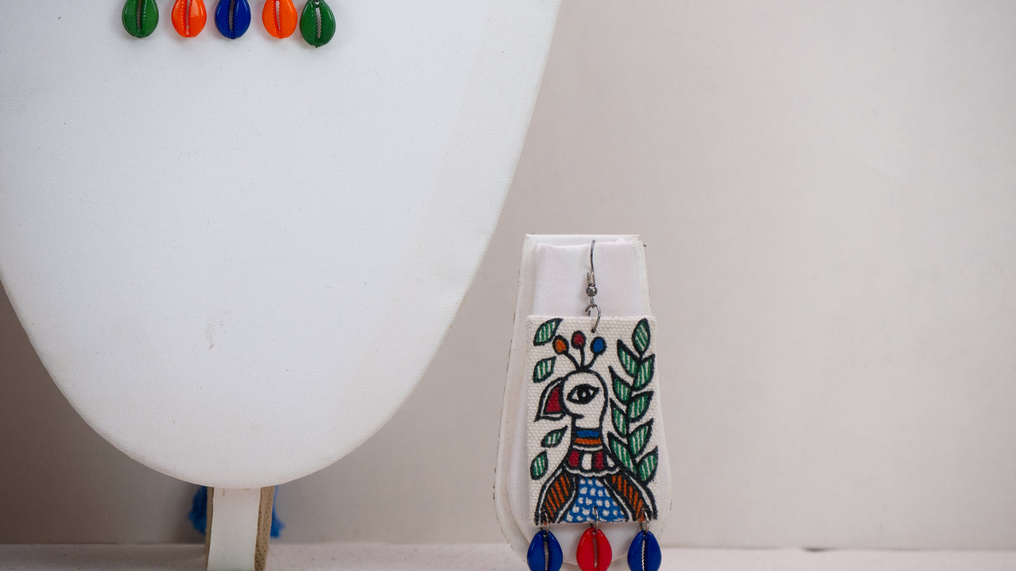 Madhubani Hand-Painted Peacock Necklace Set with Earrings