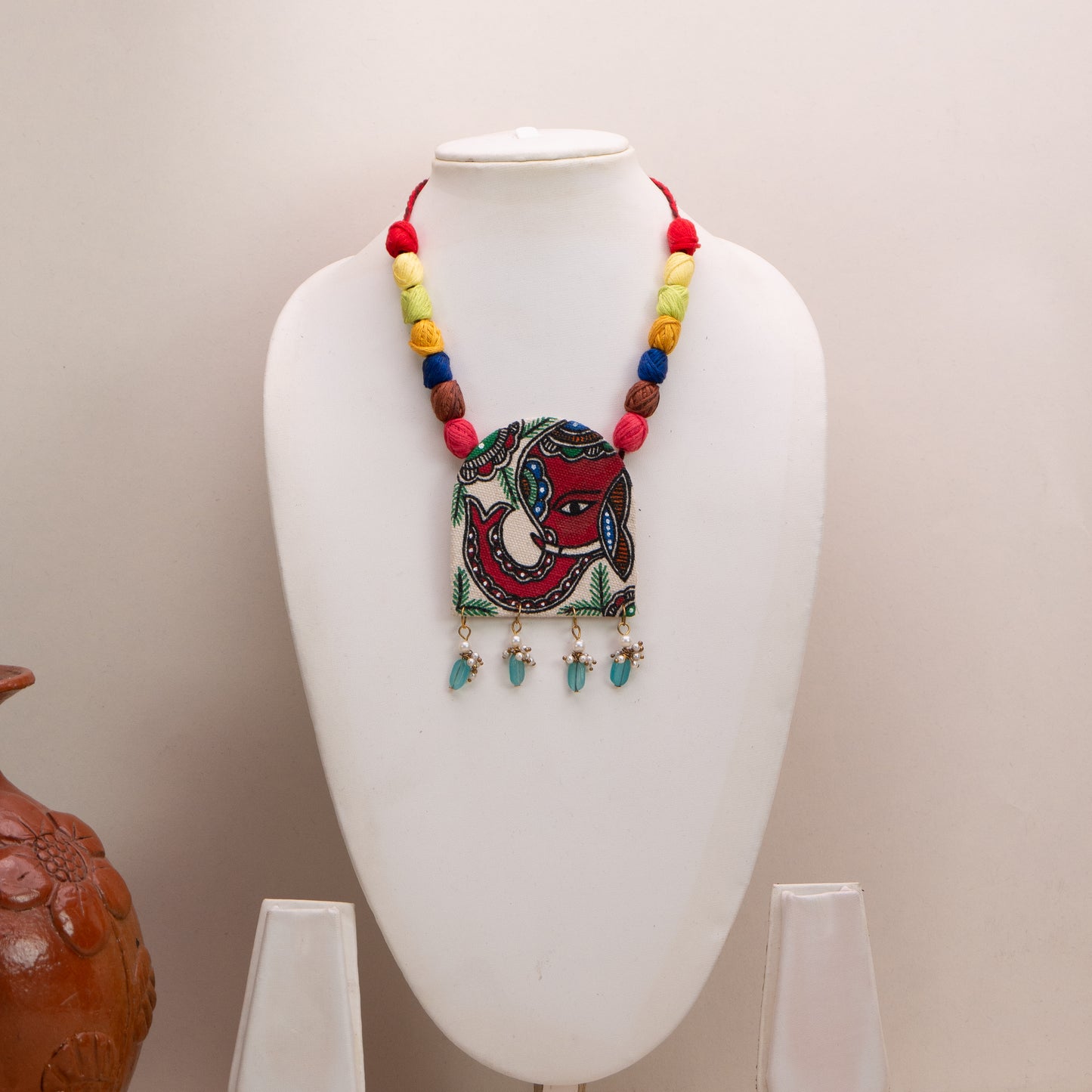 Madhubani Hand-Painted Elephant Necklace Set with Earrings