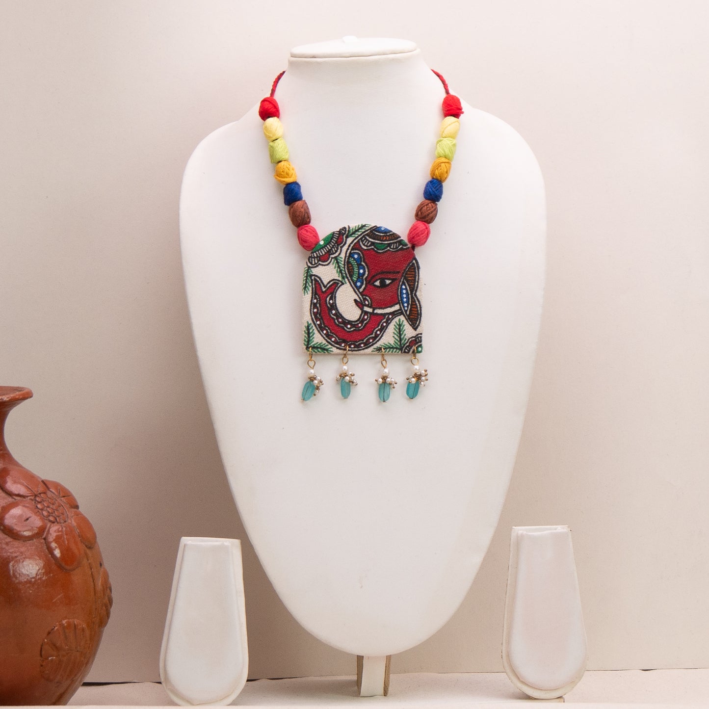Madhubani Hand-Painted Elephant Necklace Set with Earrings