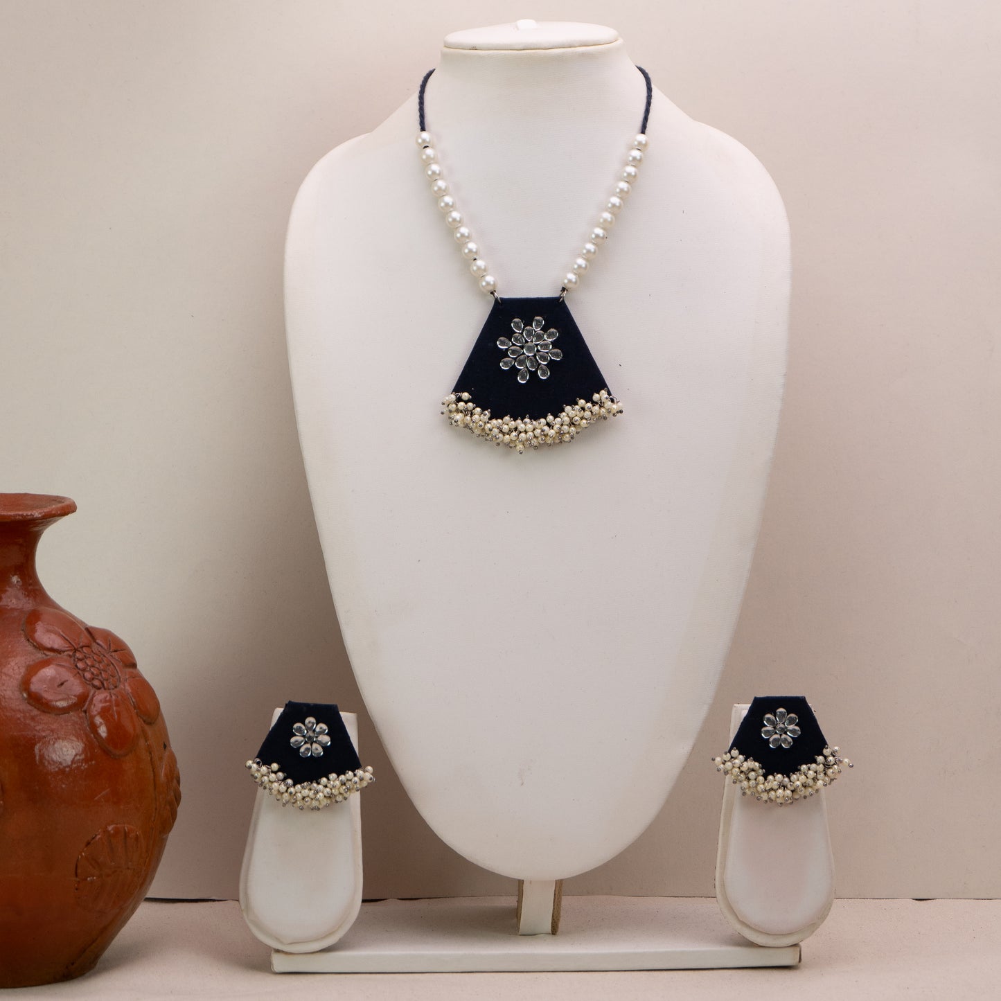 Jhilmil Fabric Necklace Earrings Jewellery Set for Women (Blue)