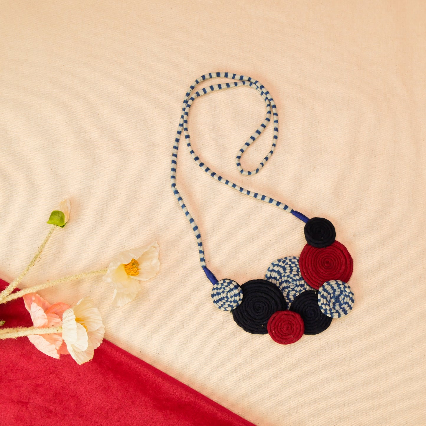 Fabric Spiral Necklace Earrings Jewellery Set for Women (Blue & Red)