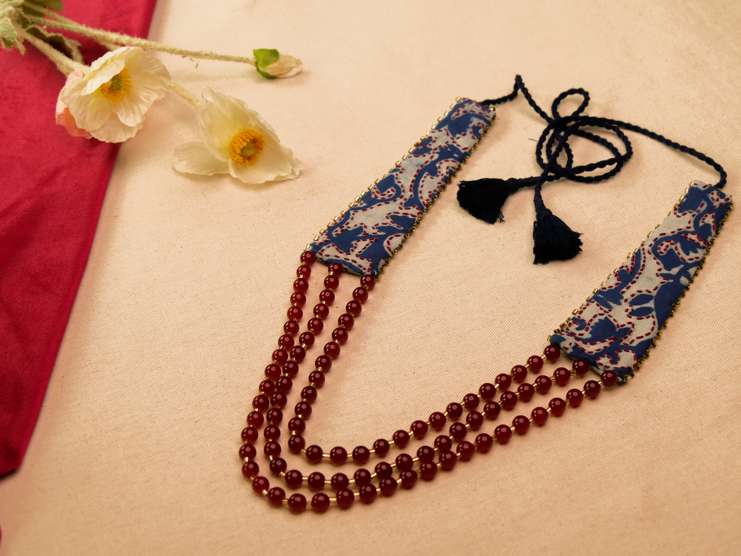 Fabric Beaded Necklace Earrings Jewellery Set for Women (Blue & Red)