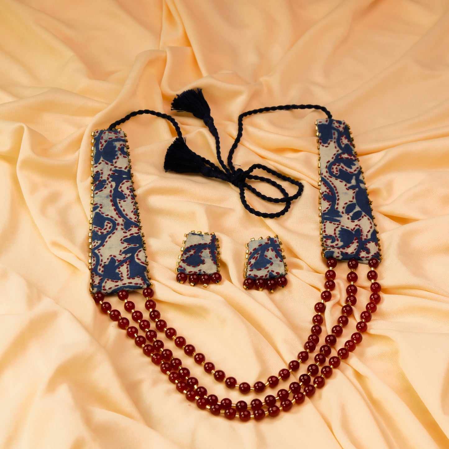 Fabric Beaded Necklace Earrings Jewellery Set for Women (Blue & Red)