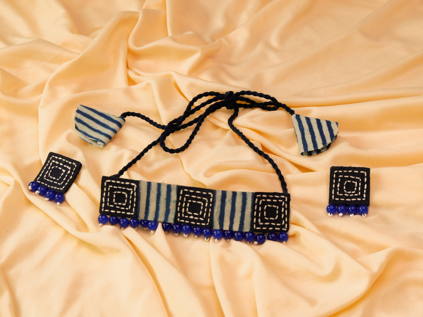 Tarang Fabric Square Necklace Earrings Jewellery Set for Women (Blue)