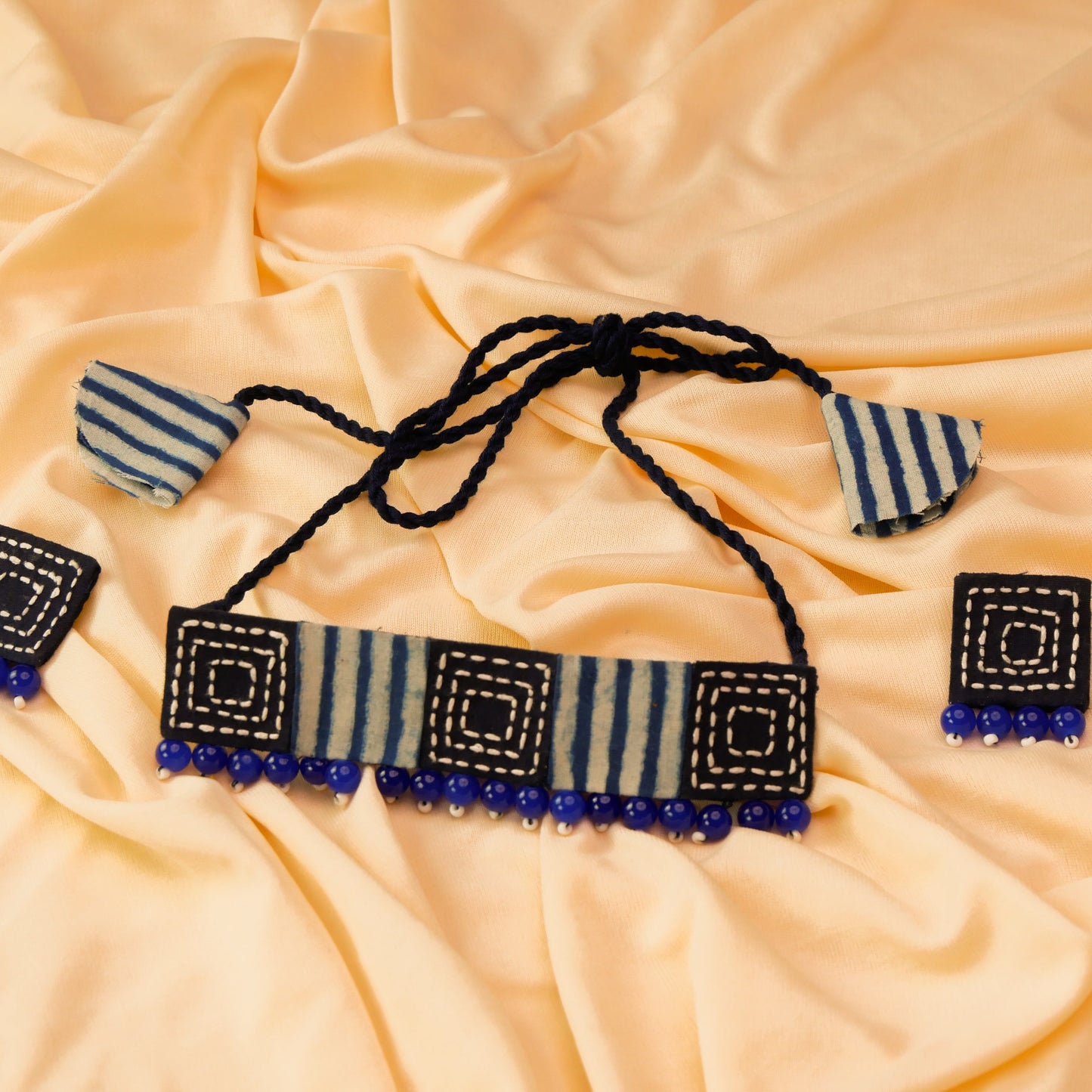 Tarang Fabric Square Necklace Earrings Jewellery Set for Women (Blue)