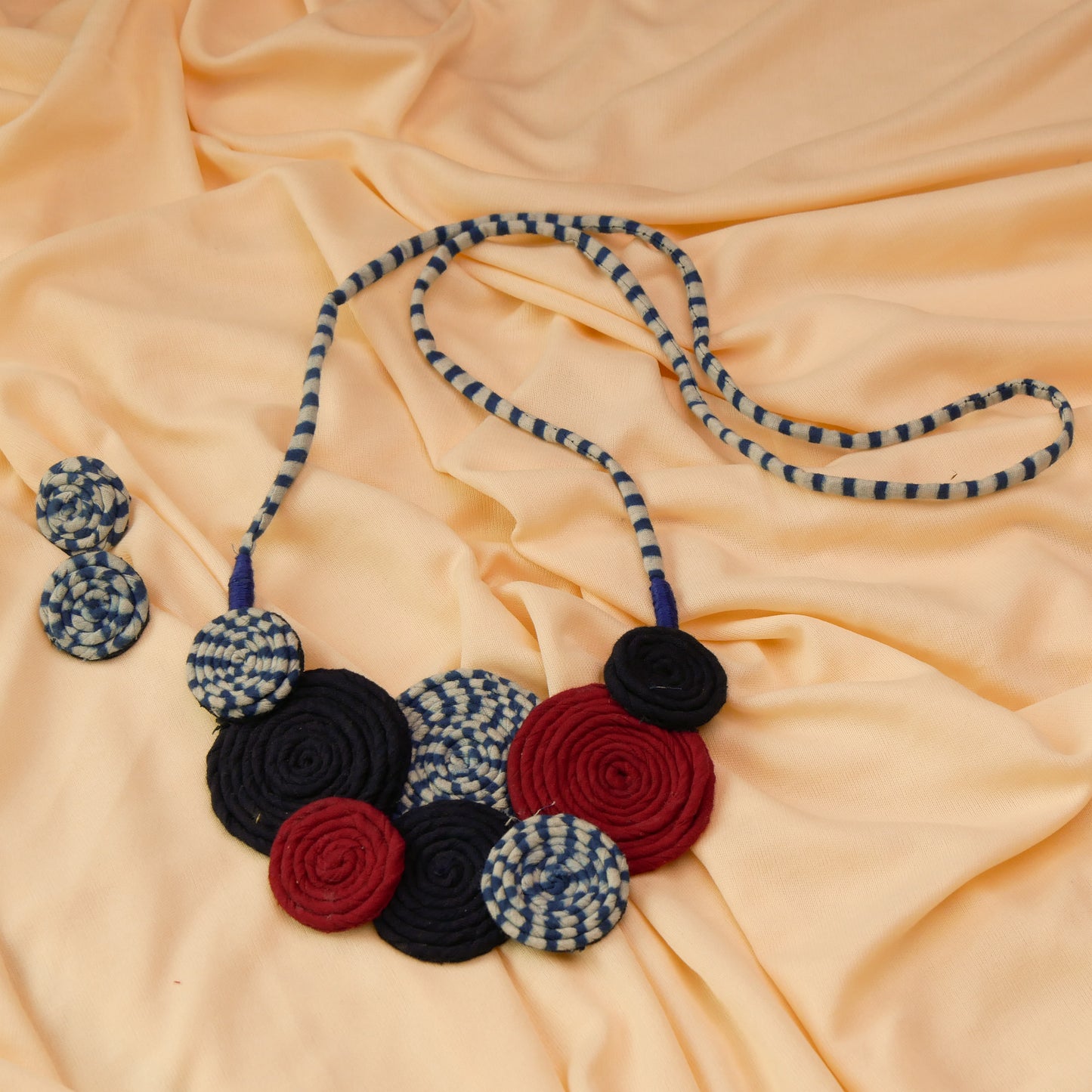 Fabric Spiral Necklace Earrings Jewellery Set for Women (Blue & Red)