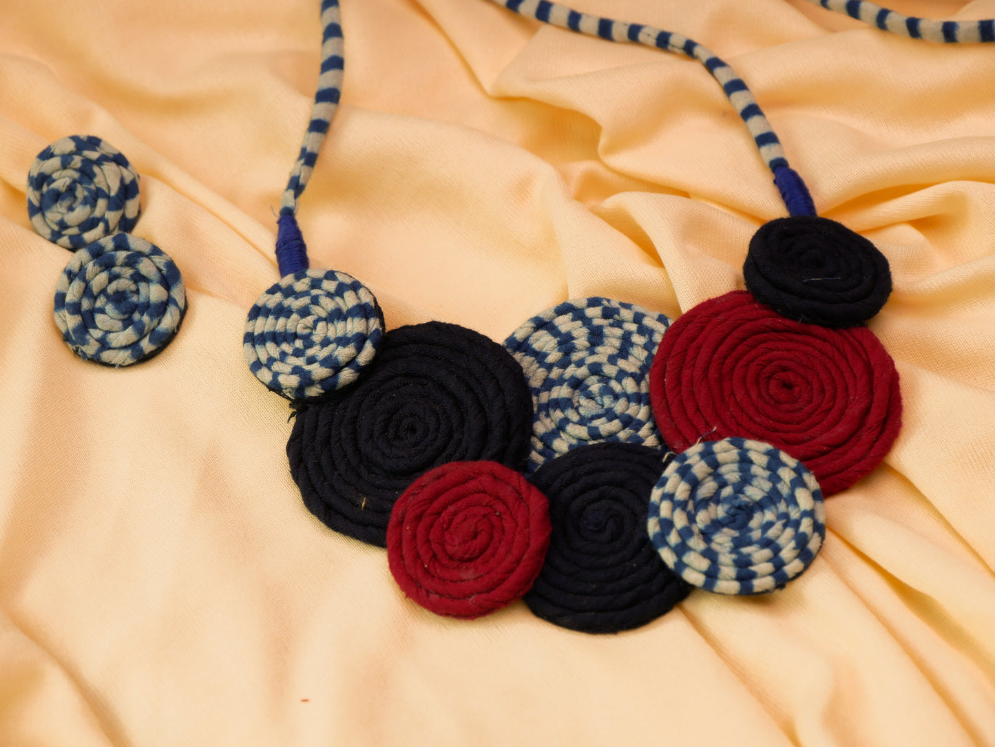 Vrinda Fabric Spiral Necklace Earrings Jewellery Set for Women (Blue & Red)