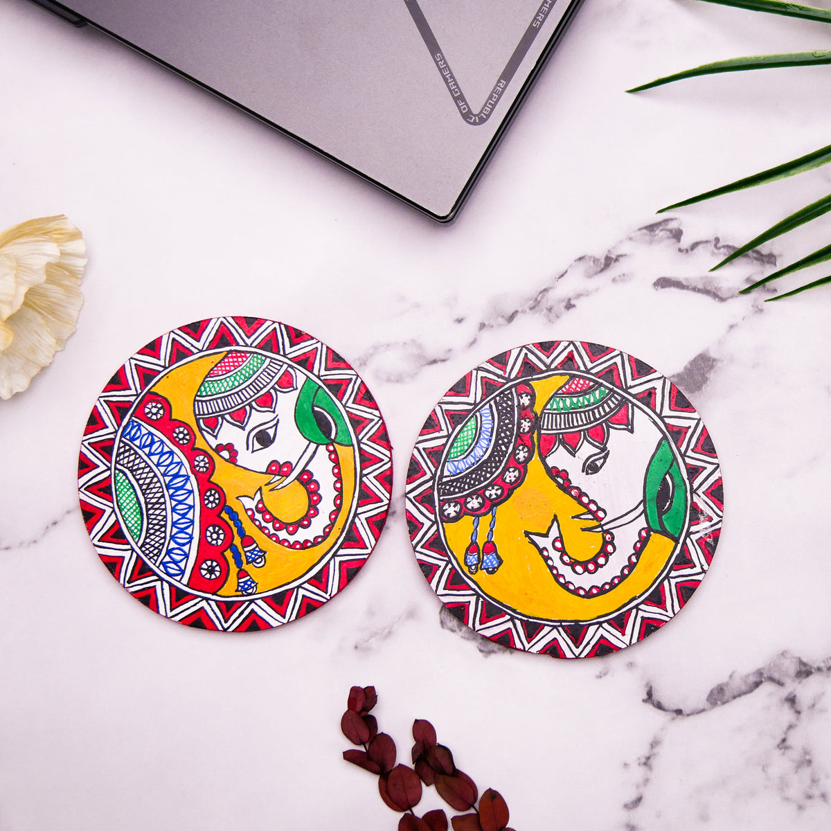 Hand-Painted Madhubani Elephant Vriksh Gaja Coaster set of 2 – Traditional Indian Folk Art on Wood – Eco-Friendly, Gift-Ready Home Décor