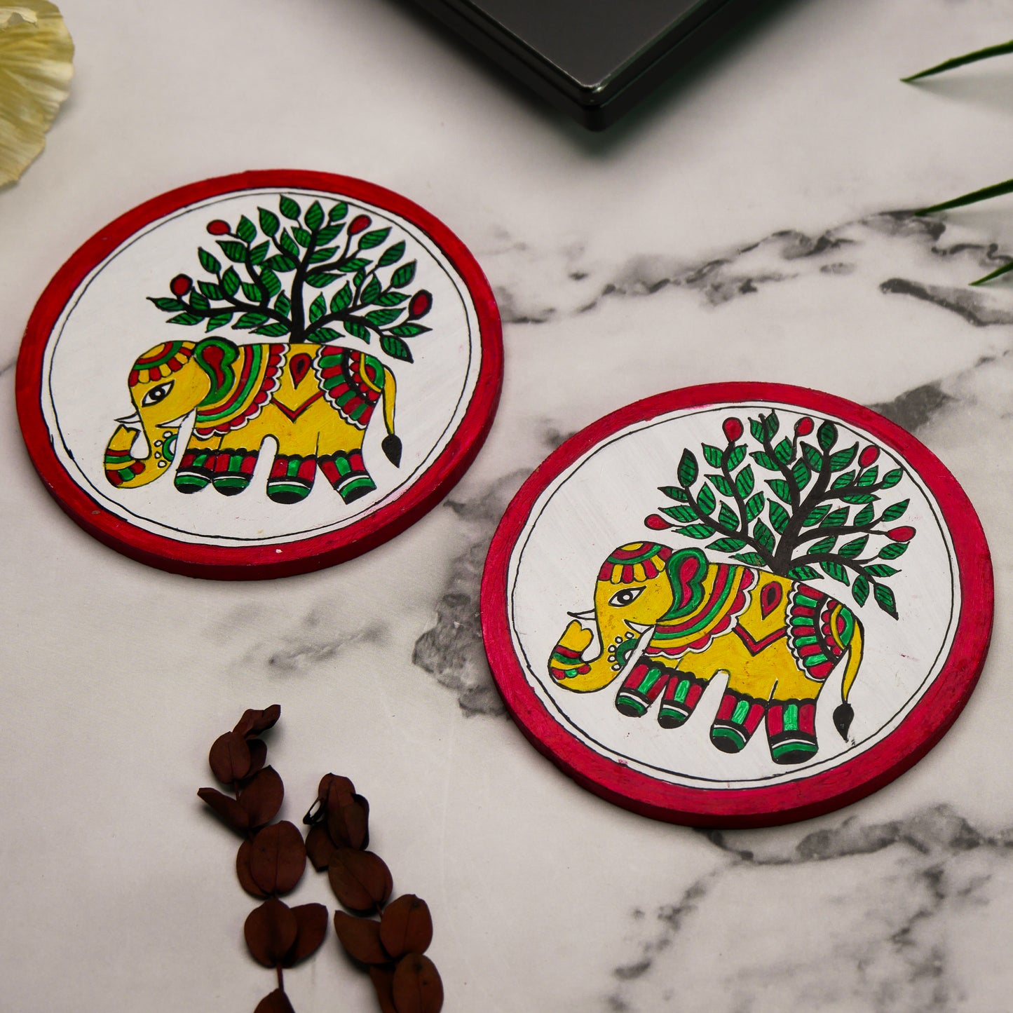Hand-Painted Madhubani Elephant Vriksh Gaja Coaster set of 2 – Traditional Indian Folk Art on Wood – Eco-Friendly, Gift-Ready Home Décor