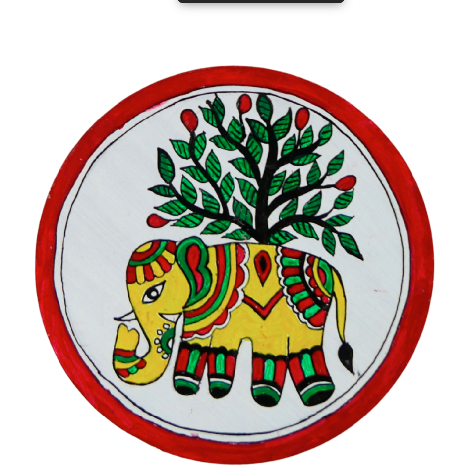 Hand-Painted Madhubani Elephant Vriksh Gaja Coaster set of 2 – Traditional Indian Folk Art on Wood – Eco-Friendly, Gift-Ready Home Décor