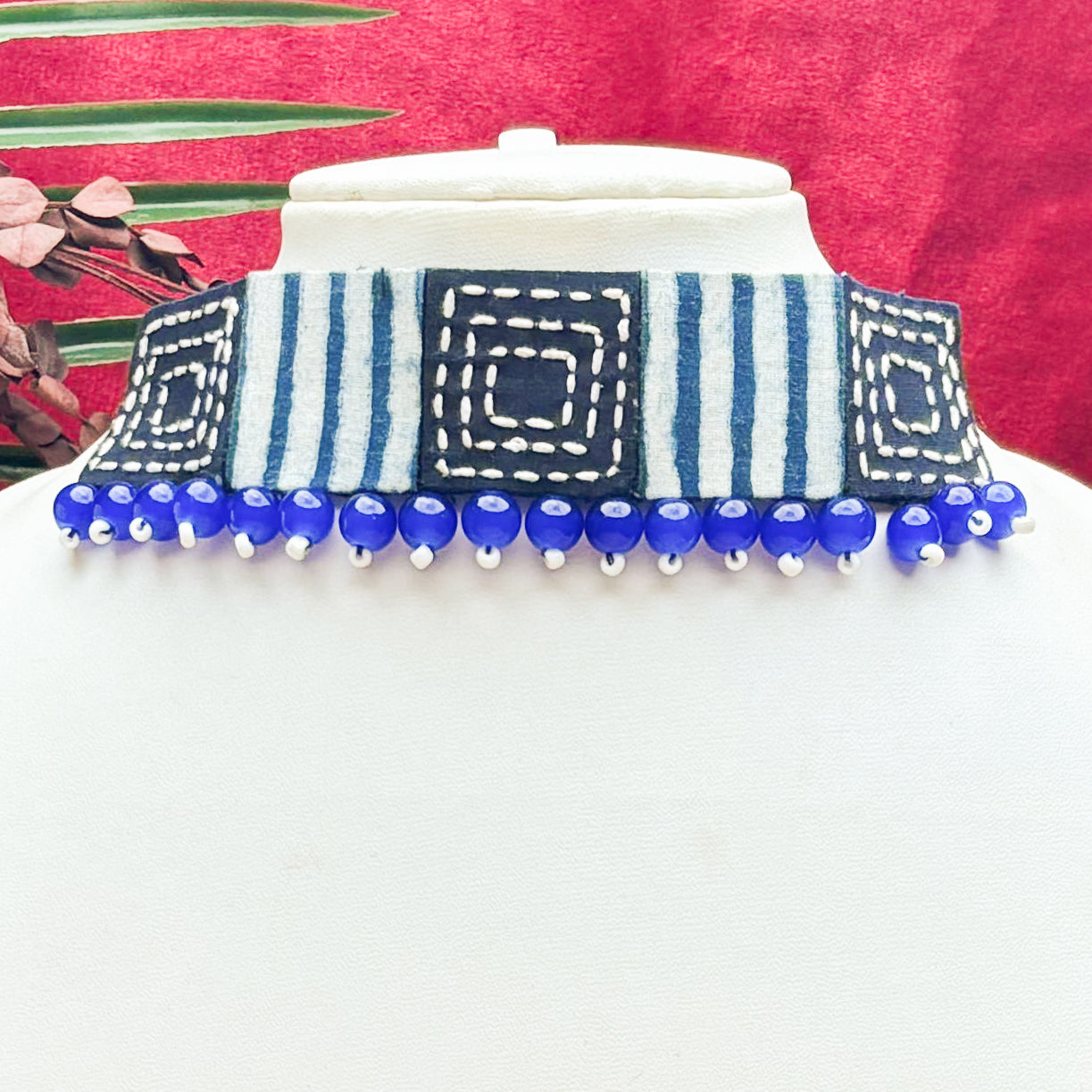 Tarang Fabric Square Necklace Earrings Jewellery Set for Women (Blue)