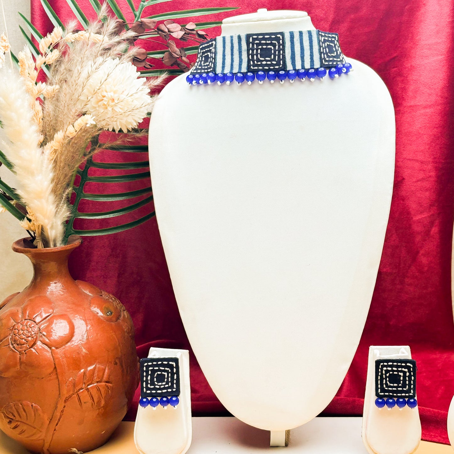 Tarang Fabric Square Necklace Earrings Jewellery Set for Women (Blue)