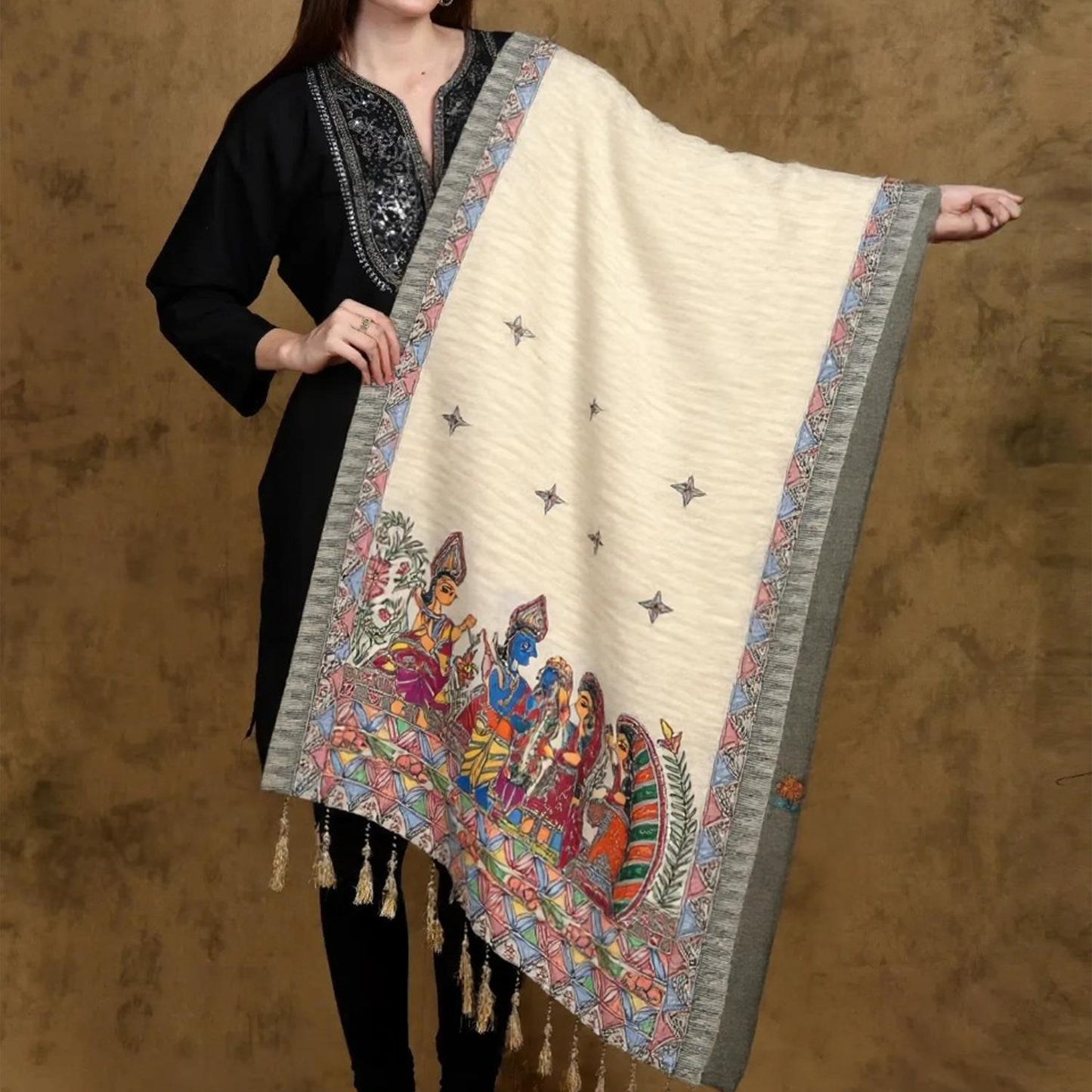 Madhubani Art Cotton Stole with Printed Wedding - Marriage & Patterns in Bloom