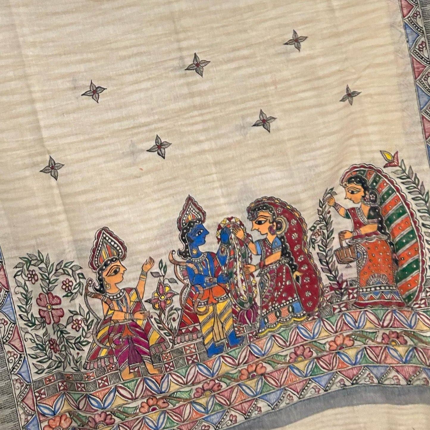 Madhubani Art Cotton Stole with Printed Wedding - Marriage & Patterns in Bloom
