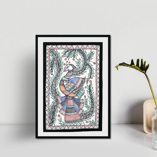 Madhubani Hand Made Painting | Mayur Meen Raj | 13inch X 10inch with Frame