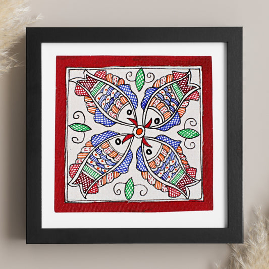 Madhubani Hand Made Painting | Meen Raas | 6inch X 6inch with Frame