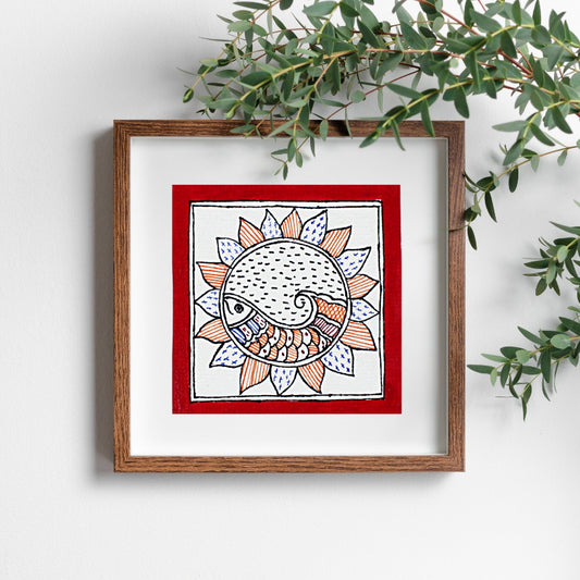 Madhubani Hand Made Painting | Makar Pushp | 6inch X 6inch with Frame