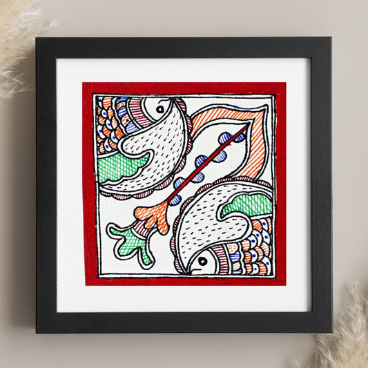 Madhubani Hand Made Painting | Jalashay Matsy | 6inch X 6inch with Frame