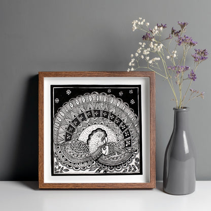 Madhubani Hand Made Painting | Mayur Sanjh | 10inch X 10inch with Frame