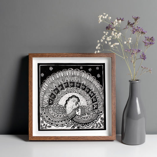 Madhubani Hand Made Painting | Mayur Sanjh | 10inch X 10inch with Frame