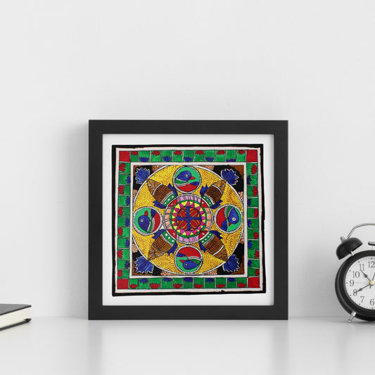 Madhubani Hand Made Painting | Bharni Kamal Meen | 10inch X 10inch with Frame