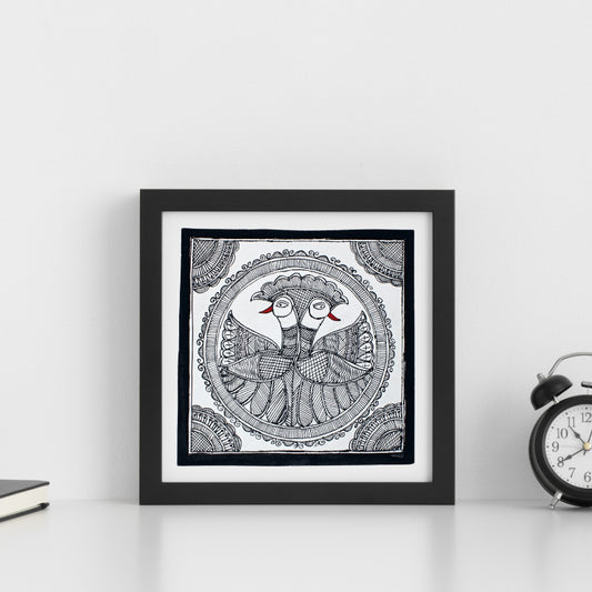 Madhubani Hand Made Painting | Kachni Mayur Sawagat | 10inch X 10inch with Frame