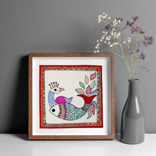 Madhubani Hand Made Painting | Mayur Meen Nritya | 10inch X 10inch with Frame