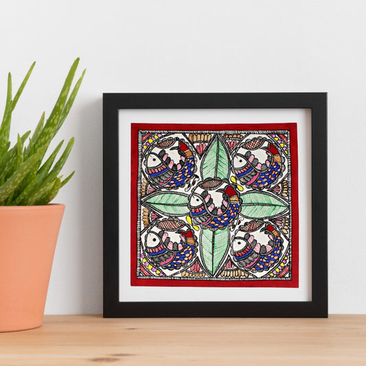 Madhubani Hand Made Painting | Bharni Meen Nritiya | 10inch X 10inch with Frame