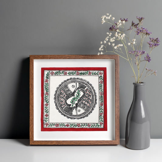 Madhubani Hand Made Painting | Godhana Meen Naach | 10inch X 10inch with Frame