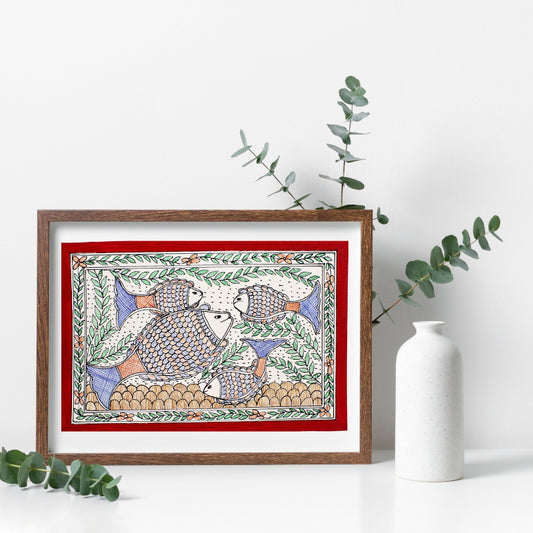 Madhubani Hand Made Painting | Meen Bhogh | 10inch X 13inch with Frame