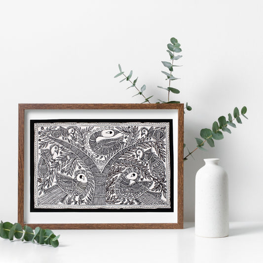 Madhubani Painting Black and White | Kachni Mayur | 10inch X 13inch with Frame