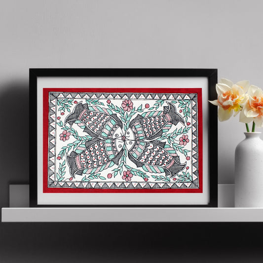 Madhubani Hand Made Painting | Meen Milan | 13inch X 10inch with Frame
