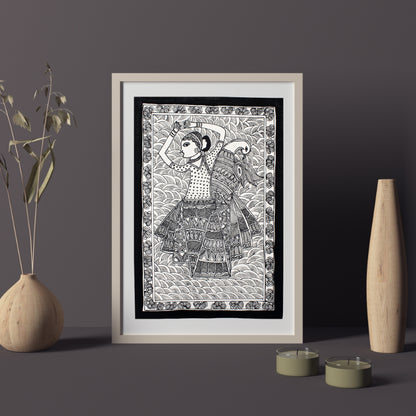 Madhubani Hand Made Painting | Radha Naach | 15inch X 13.5inch with Frame