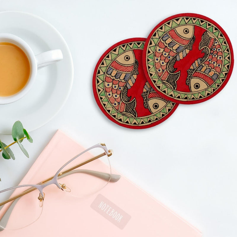 Madhubani Hand Painted Coasters | Set of 4 | Red | Madhubani Painting Coaster