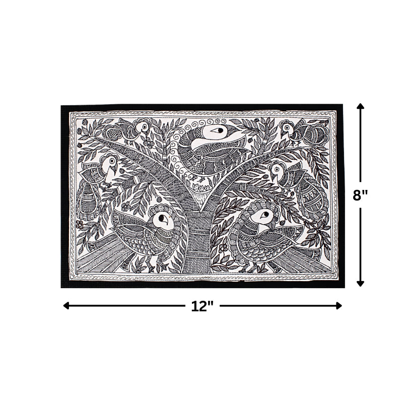 Madhubani Painting Black and White | Kachni Mayur | 10inch X 13inch with Frame
