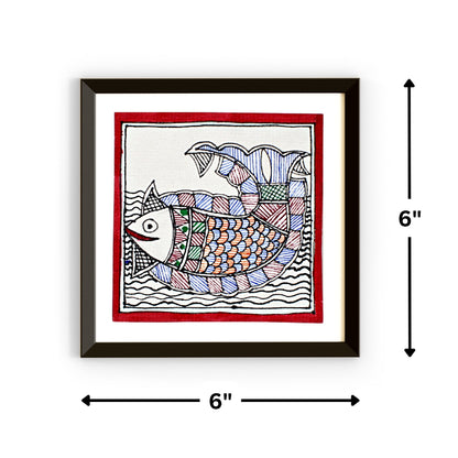 Madhubani Hand Made Painting | Fish Painting | 6inch X 6inch with Frame