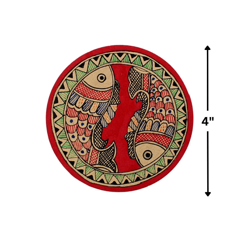 Madhubani Hand Painted Coasters | Set of 4 | Red | Madhubani Painting Coaster
