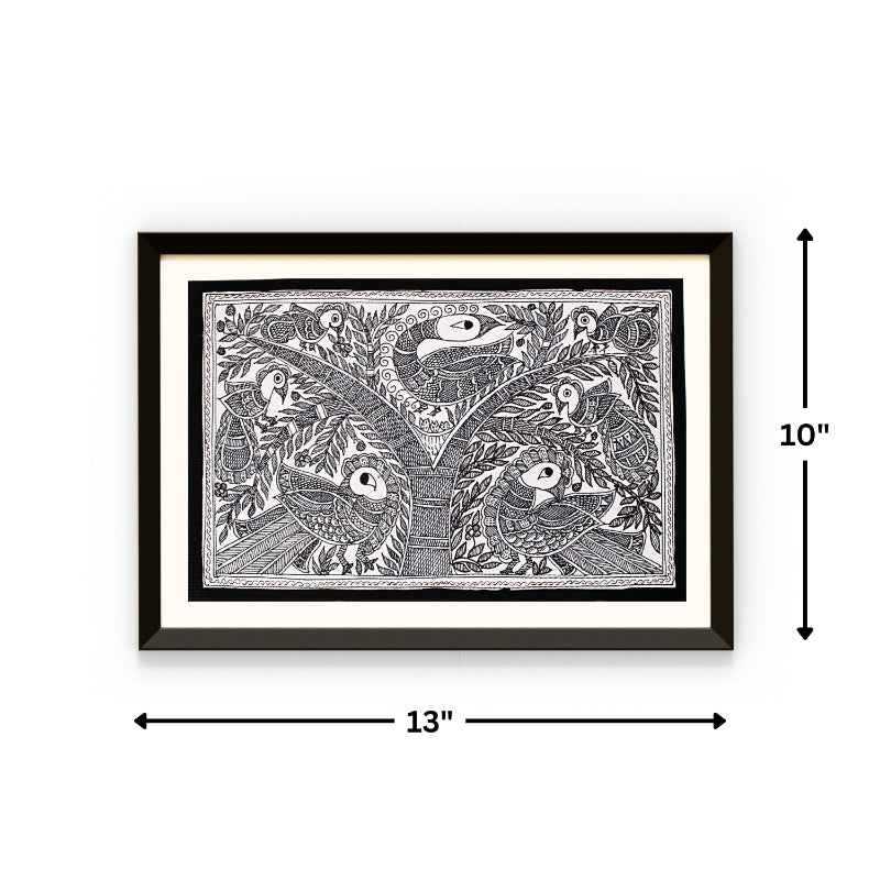 Madhubani Painting Black and White | Kachni Mayur | 10inch X 13inch with Frame