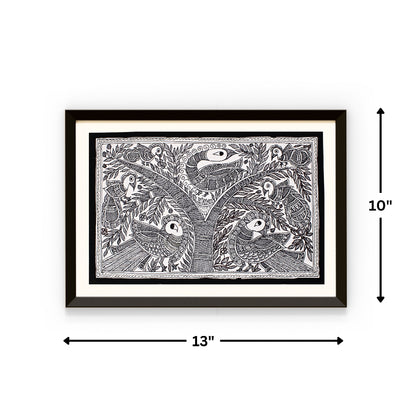 Madhubani Painting Black and White | Kachni Mayur | 10inch X 13inch with Frame