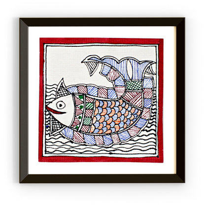 Madhubani Hand Made Painting | Fish Painting | 6inch X 6inch with Frame