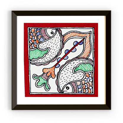 Madhubani Hand Made Painting | Jalashay Matsy | 6inch X 6inch with Frame