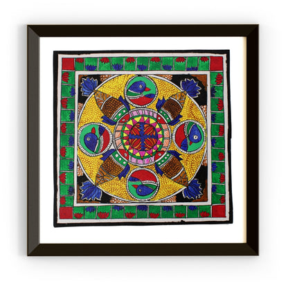 Madhubani Hand Made Painting | Bharni Kamal Meen | 10inch X 10inch with Frame