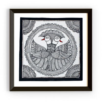 Madhubani Hand Made Painting | Kachni Mayur Sawagat | 10inch X 10inch with Frame
