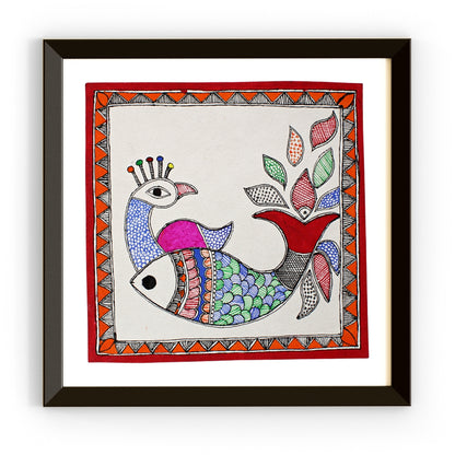 Madhubani Hand Made Painting | Mayur Meen Nritya | 10inch X 10inch with Frame