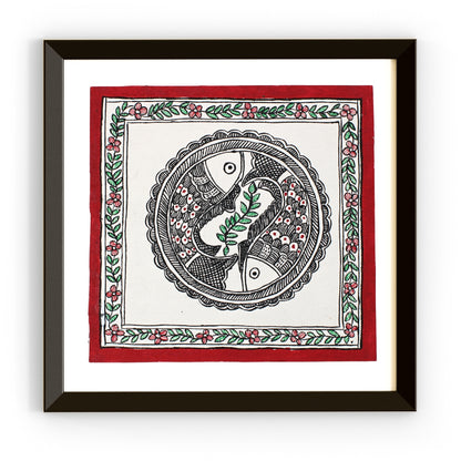 Madhubani Hand Made Painting | Godhana Meen Naach | 10inch X 10inch with Frame