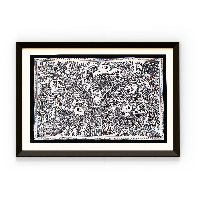 Madhubani Painting Black and White | Kachni Mayur | 10inch X 13inch with Frame