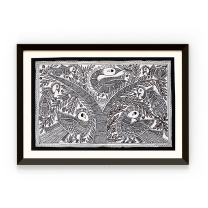Madhubani Painting Black and White | Kachni Mayur | 10inch X 13inch with Frame