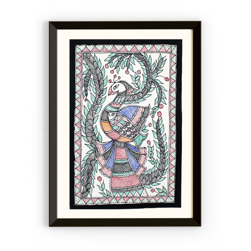 Madhubani Hand Made Painting | Mayur Meen Raj | 13inch X 10inch with Frame
