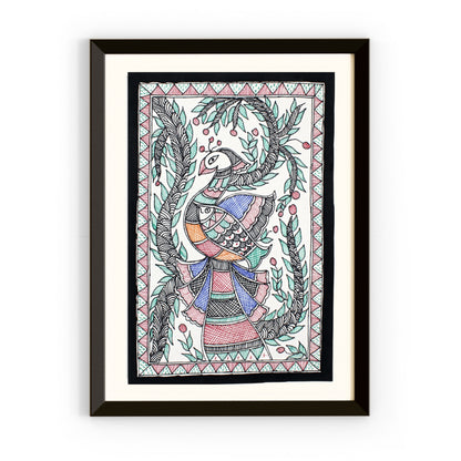 Madhubani Hand Made Painting | Mayur Meen Raj | 13inch X 10inch with Frame