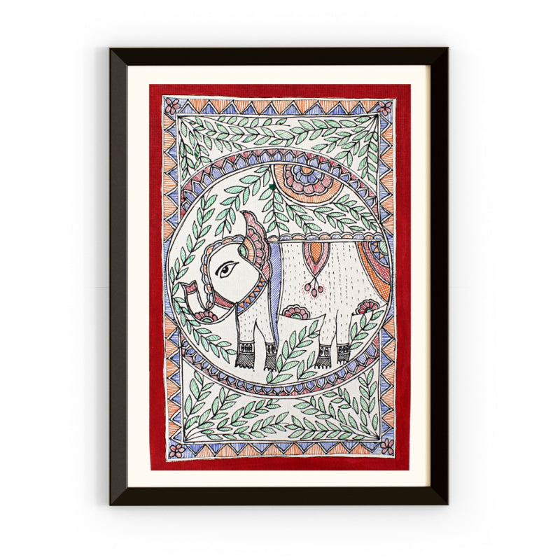 Madhubani Handmade Elephant Painting | 13inch X 10inch with Frame